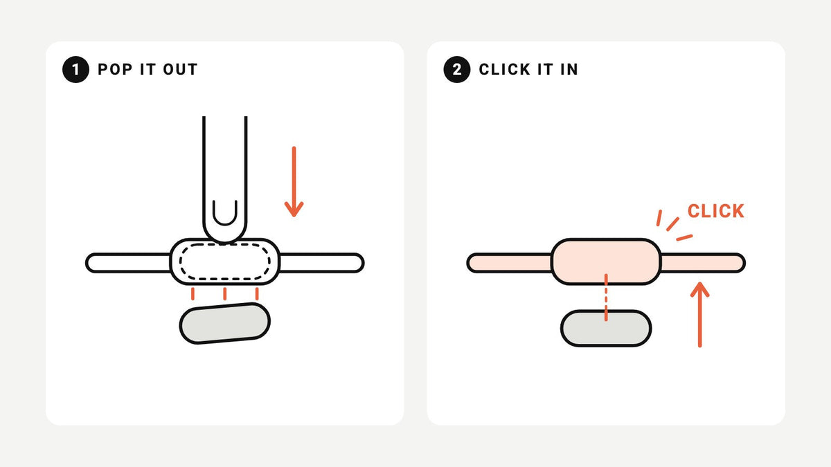 How to change a Fitbit Air band: push the tracker out, then click it into the new band from below